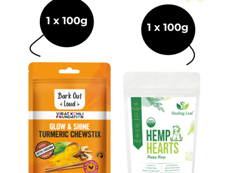 Healing Leaf Hemp Hearts and Bark Out Loud Glow and Shine Turmeric Chew Stix for Dogs and Cats Combo For Sale