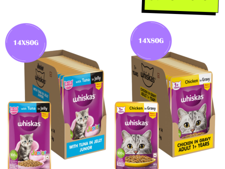 Whiskas Tuna in Jelly Kitten and Chicken Gravy Adult Cat Wet Food Combo For Discount