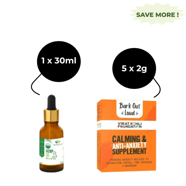 Healing Leaf Hemp Oil and Bark Out Loud Calming & Anti Anxiety Supplements for Dogs and Cats Combo Sale