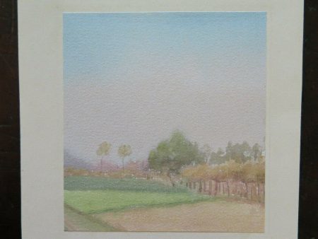 PICCOLO DIPINTO VINTAGE PAESAGGIO DI CAMPAGNA ACQUERELLO SU CARTA 11x12 cm P14 Sale