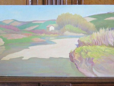 100x40 cm QUADRO OLIO VINTAGE PAESAGGIO VEDUTA CAMPAGNA DIPINTO PANORAMICO P19 For Discount