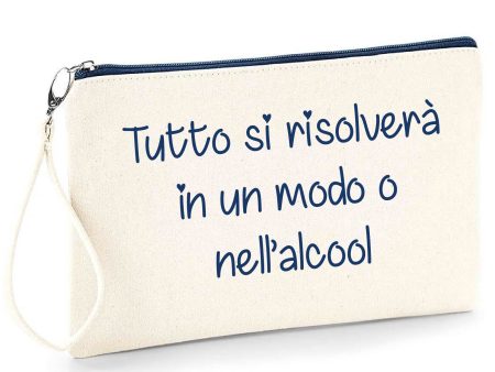 Pochette in cotone  beige zip navy Frase divertente idea regalo “Tutto si Risolverà” Online