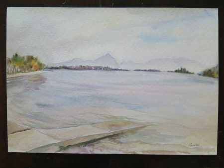 QUADRO VINTAGE PAESAGGIO LACUSTRE LAGO DIPINTO ACQUERELLO CARTA 51x35 cm P14 Discount