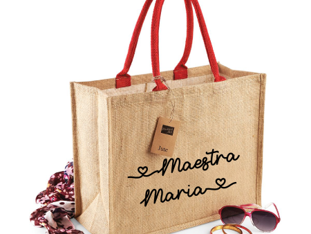 Borsa in Juta manico Rosso Corallo personalizzabile Regalo maestre fine anno For Sale