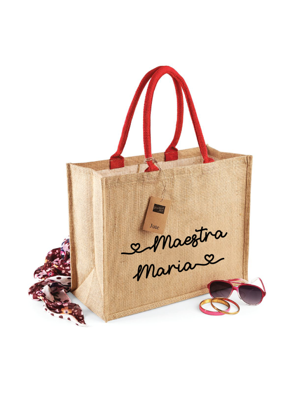 Borsa in Juta manico Rosso Corallo personalizzabile Regalo maestre fine anno For Sale