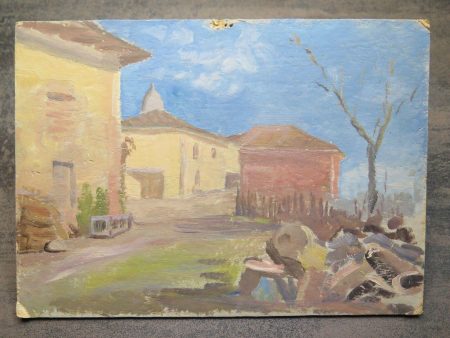 24x17,5 cm PICCOLO DIPINTO AD OLIO VINTAGE VEDUTA VECCHIO BORGO DI CAMPAGNA P1 Online now